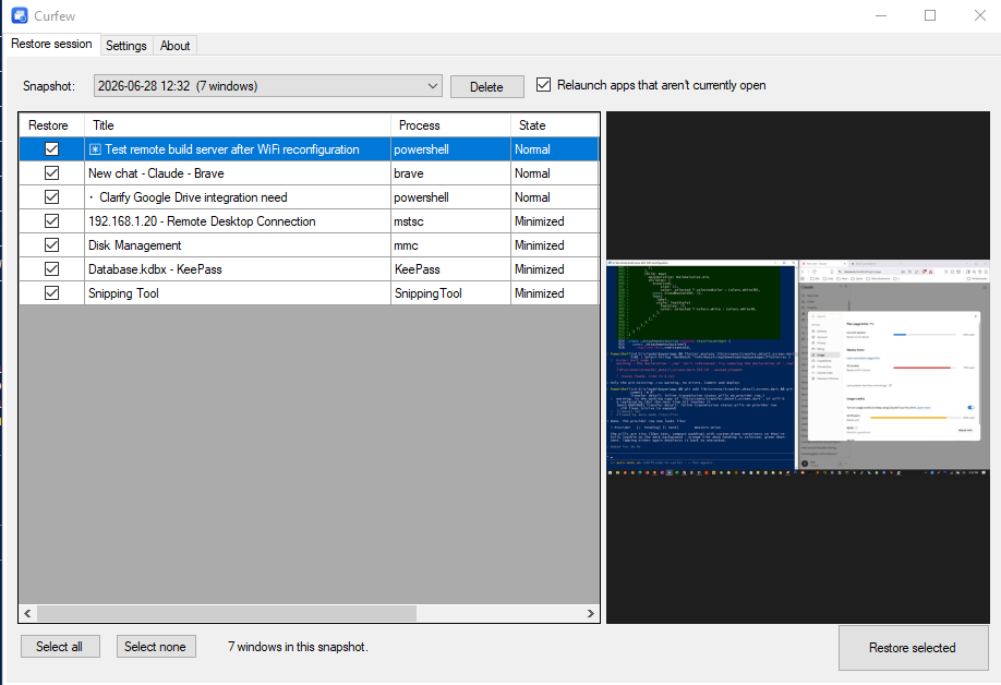 Curfew Restore session window: choose a snapshot, review the list of windows that were open with their process and state, preview a screenshot of the desktop, then restore the selected windows.